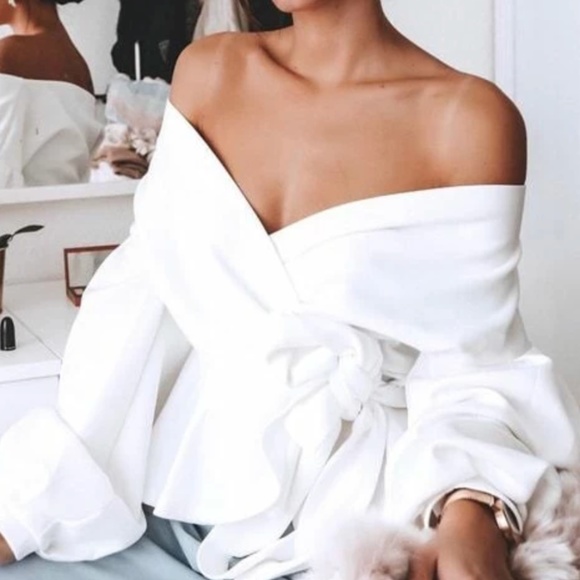 BellanBlue Tops - Luxe White Off Shoulder Sexy Balloon Sleeve Blouse